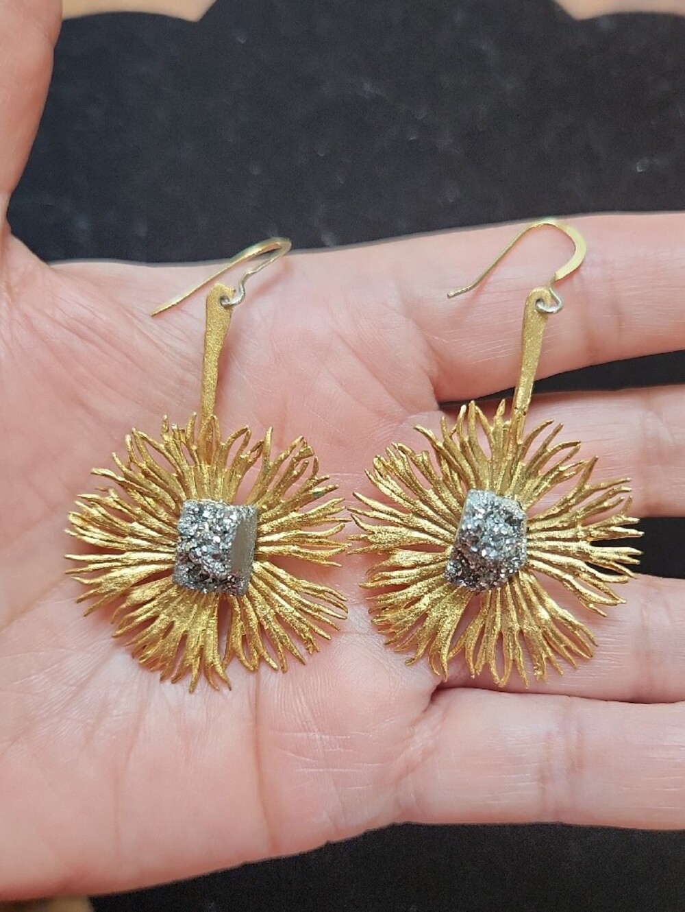 Gold Sunflower Druzy Drop Earrings - Women's Jewelry